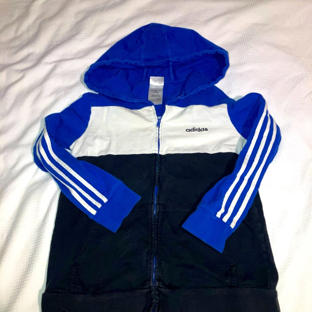 Adidas Hoodie Boys 10/12 B BL & White Full Zip Hooded Sweatshirt Sweater Jacket